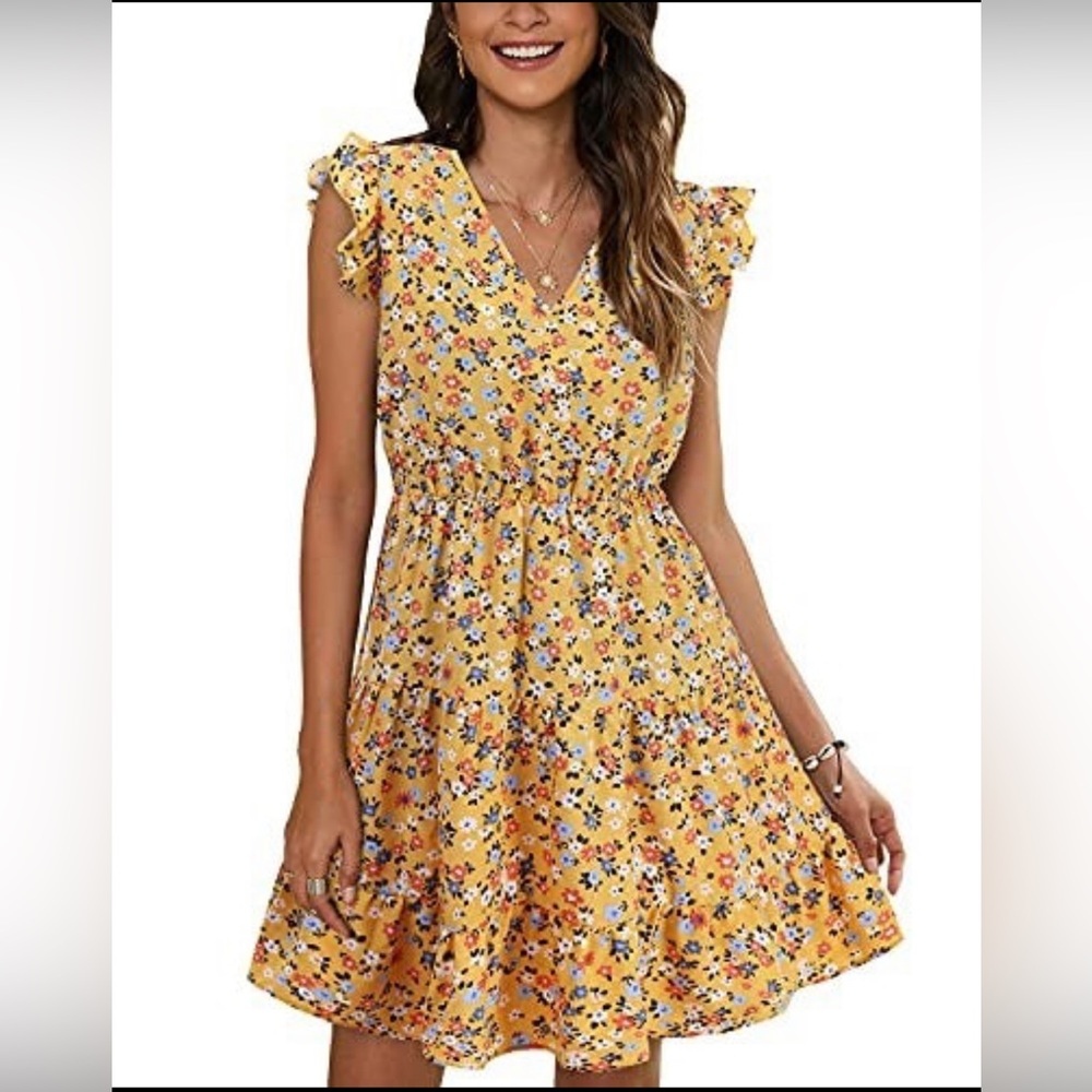 SOLERSUN Women's Summer Casual V Neck Short Vintage Floral Print Swing Dress S
